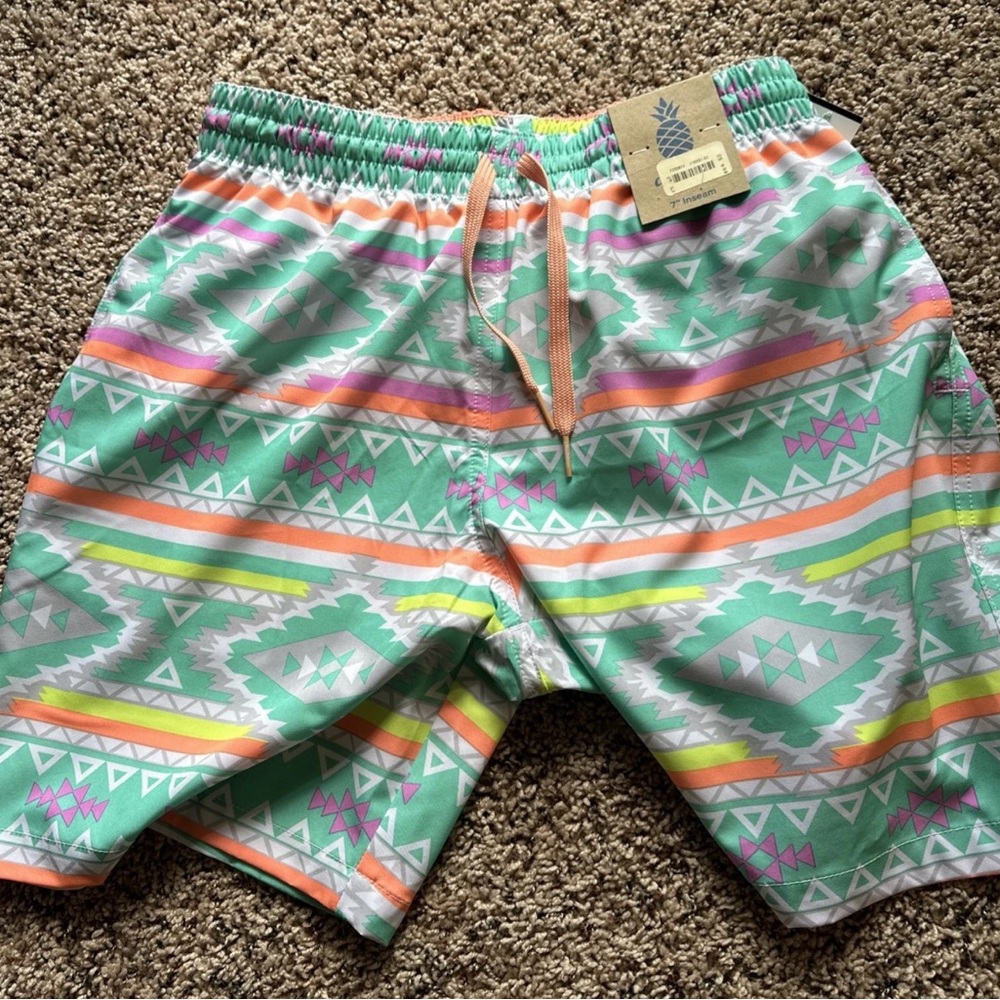 Chubbies Green and Orange Board Shorts Geometric Swimwear